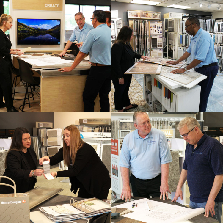 Carpet Studio Flooring America staff talking to customers in the showroom