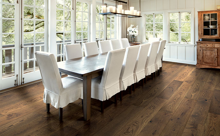 dark hardwood flooring in dining room