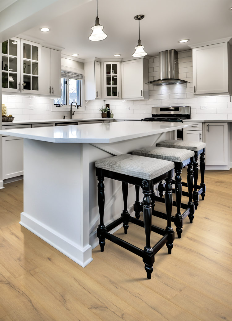 wood look laminate flooring in kitchen.